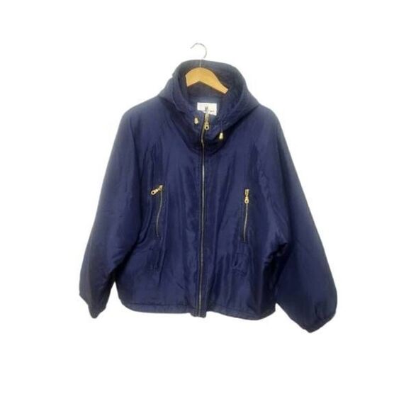 Vintage 100% Silk Outer Shell Jacket Womens Size M Oversized Navy Blue Hooded Bo - Picture 1 of 11